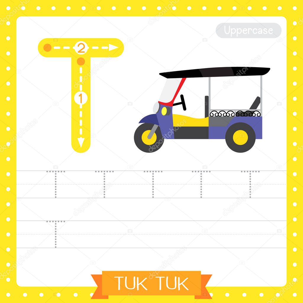 Letter T uppercase cute children colorful transportations ABC alphabet tracing practice worksheet of Tuk Tuk for kids learning English vocabulary and handwriting Vector Illustration.
