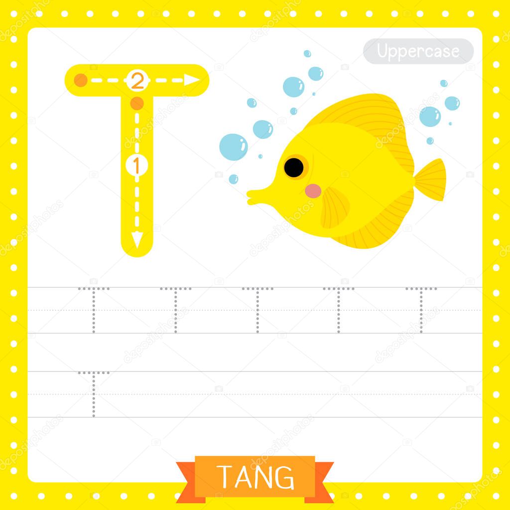 Letter T uppercase cute children colorful zoo and animals ABC alphabet tracing practice worksheet of Yellow Tang fish for kids learning English vocabulary and handwriting vector illustration.