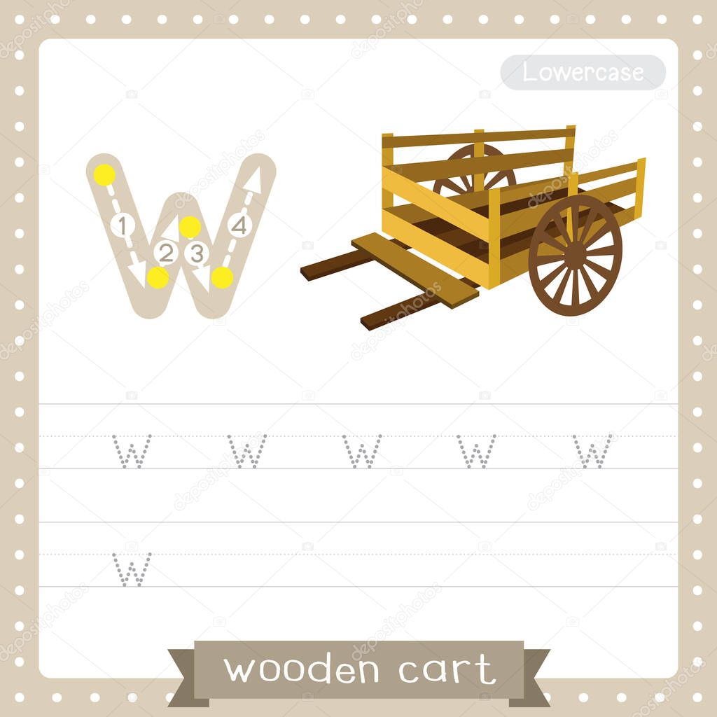 Letter W lowercase cute children colorful transportations ABC alphabet tracing practice worksheet of Wooden Cart for kids learning English vocabulary and handwriting Vector Illustration.