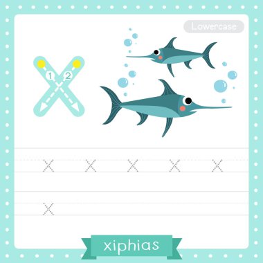 Letter X lowercase cute children colorful zoo and animals ABC alphabet tracing practice worksheet of Xiphias (Swordfish) for kids learning English vocabulary and handwriting vector illustration. clipart