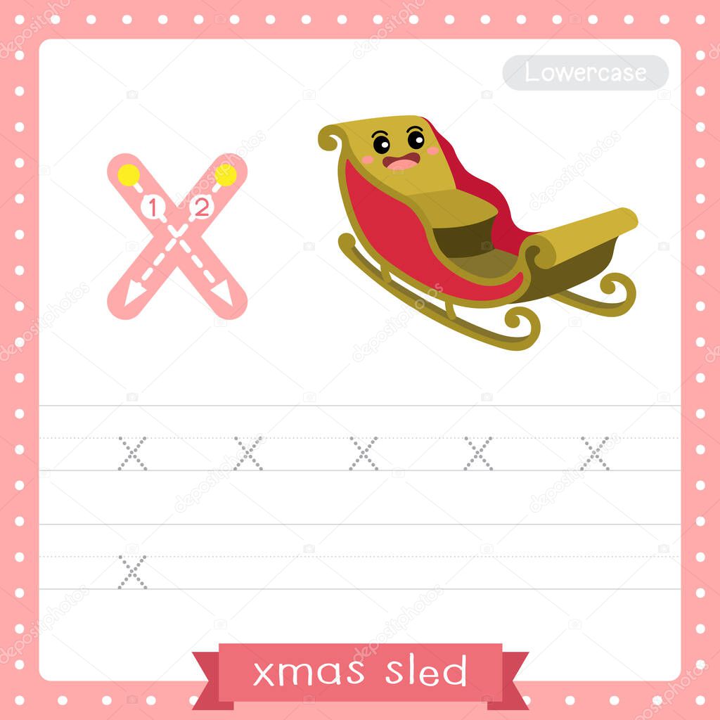 Letter X lowercase cute children colorful transportations ABC alphabet tracing practice worksheet of Xmas Sled for kids learning English vocabulary and handwriting Vector Illustration.