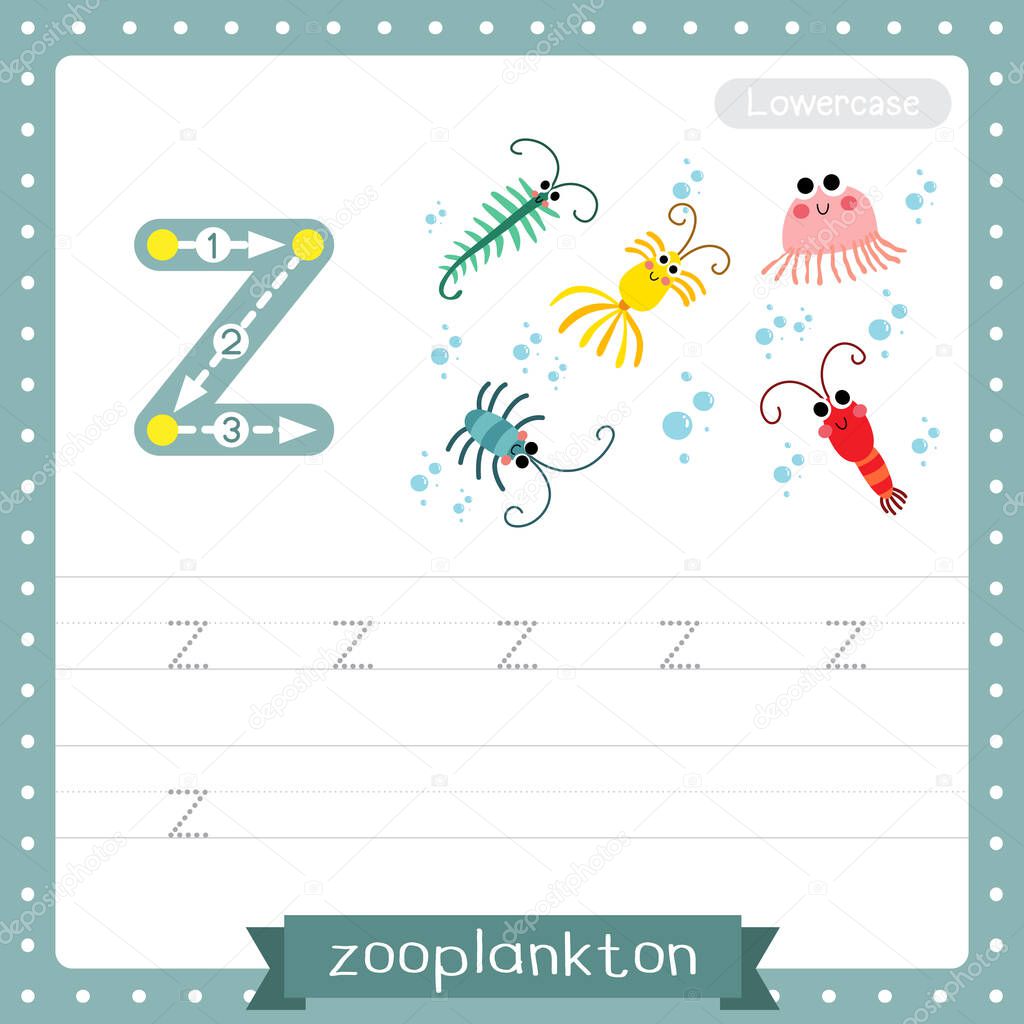 Letter Z lowercase cute children colorful zoo and animals ABC alphabet tracing practice worksheet of Zooplankton for kids learning English vocabulary and handwriting vector illustration.