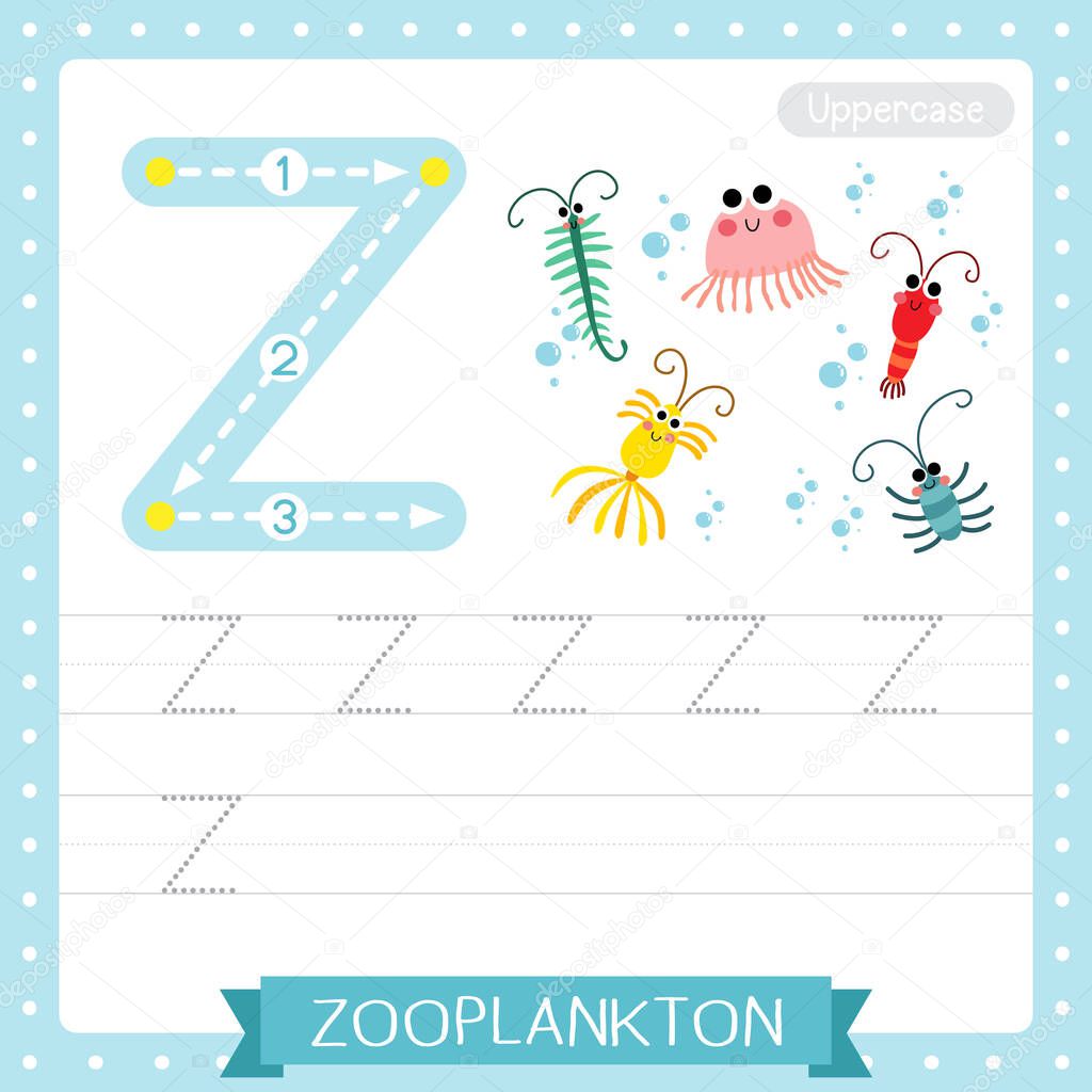 Letter Z uppercase cute children colorful zoo and animals ABC alphabet tracing practice worksheet of Zooplankton for kids learning English vocabulary and handwriting vector illustration.