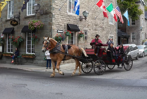 Carruaje a caballo con turistas en la Ciudad Vieja de Quebec . — Foto de Stock