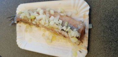 Üstünde o, kuyruk ve chop beklemeye almak Hollandalı gibi yenen çiğ soğan ile ham ringa balığı. 