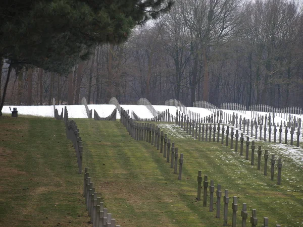 Black Crosses Snow German Cemetery Ysselstein Netherlands Soldiers Fallen Battle — Stock Photo, Image