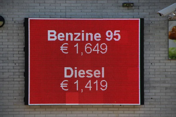 Led display board with the petrol prices in the Netherlands per liter (0,26 Gallon)