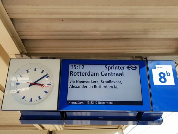 Departure Board Platform Railway Station Gouda Train Heading Rotterdam Netherlands — Stock Photo, Image