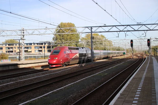 Comboio Internacional Thalys Entre Amesterdão Paris Passa Estação Leiden Este — Fotografia de Stock