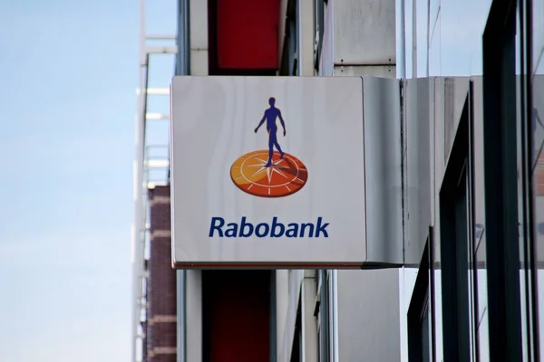 Signe Sur Bâtiment Bancaire Rabobank Leyde Aux Pays Bas — Photo