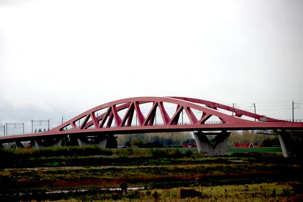 Ponte Sospeso Rosso Acciaio Sul Fiume Ijssel Zwolle Nei Paesi — Foto Stock