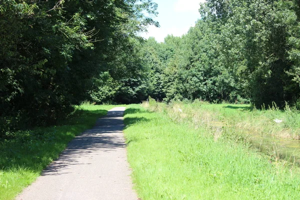 Small cycle lane between grass and trees in Park Hitland in Nieuwerkerk aan den IJssel in the Netherlands