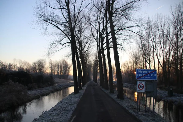 Hitlandselaan Hitland Sunrise Frozen Trees Night Frost Nieuwerkerk Aan Den — Stock Photo, Image