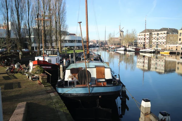 Stary Port Muzeum Gouda Zabytkowych Statków Mallegatsluis Śluzy Hollandsche Ijssel — Zdjęcie stockowe