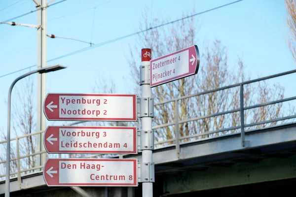 Red White Direction Signs Several Districts Hague Cyclists Netherlands — Stock Photo, Image