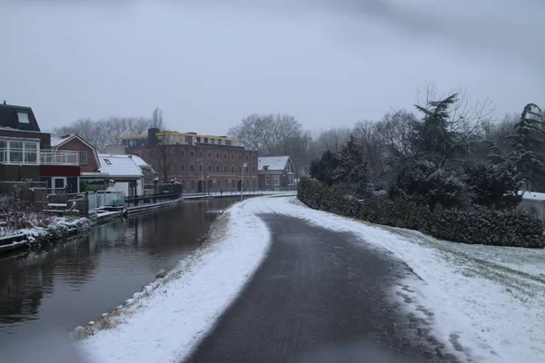 Schnee Der Altstadt Nieuwerkerk Aan Den Ijssel Rund Den Ringkanal — Stockfoto