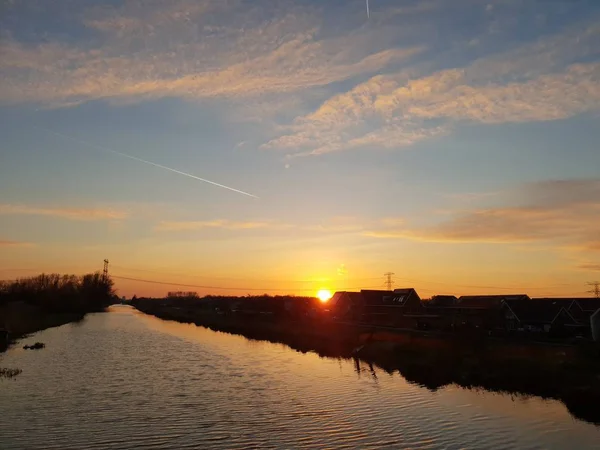 Coucher Soleil Sur Canal Périphérique Long Bermweg Nieuwerkerk Aan Den — Photo