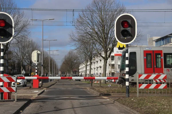 Barriers Red Traffic Lights Crossing Subway Station Tochten Rotterdam Zevenkamp — Stock Photo, Image