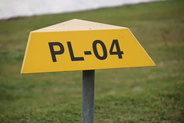 Yellow Triangle Warning Signs Underground Pipeline Tag Number Port Rotterdam — Stock Photo, Image