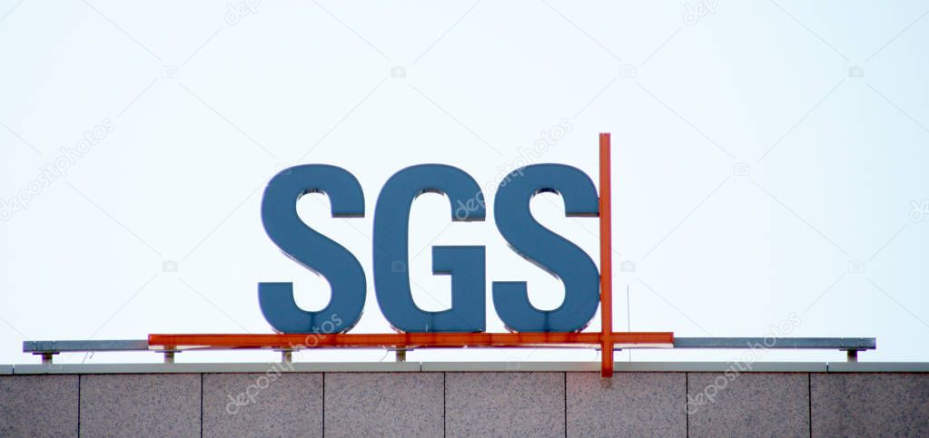 Logo of SGS as the world leading inspection, verification, testing and certification company on their local office in Voorburg the Netherlands