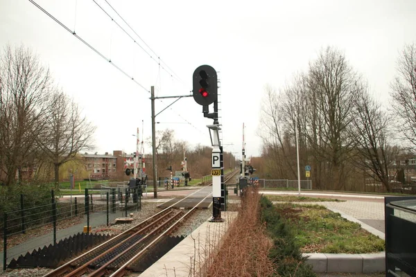 Sinal Luz Vermelha Estação Boskoop Snijdelwijk Para Comboio Net Rumo — Fotografia de Stock