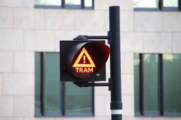 Warning Sign Streets Warn Light Sound Tram Coming — Stock Photo, Image