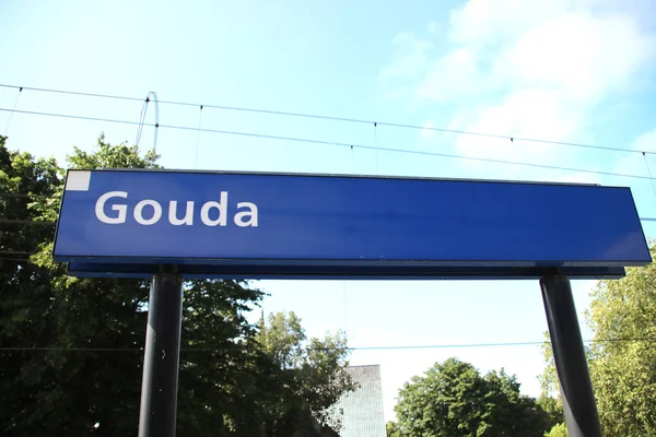 Blue Name Sign Gouda Platform Train Station — Stock Photo, Image