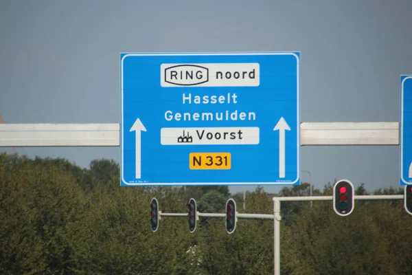 Blue Direction Sign Heading Hasselt Genemuiden N331 Zwolle — Stock Photo, Image