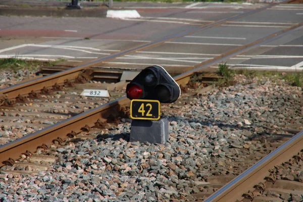 Red Sign Railroad Track Stop Trains Netherlands Station Harde — Stock Photo, Image