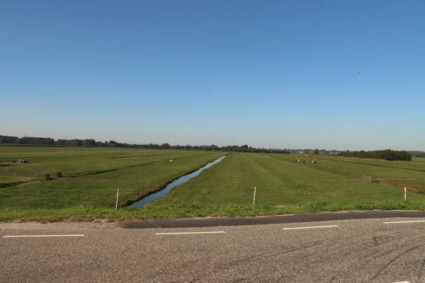 Campos Relva Verde Longo Dique Rio Hollandsche Ijssel Nos Países — Fotografia de Stock