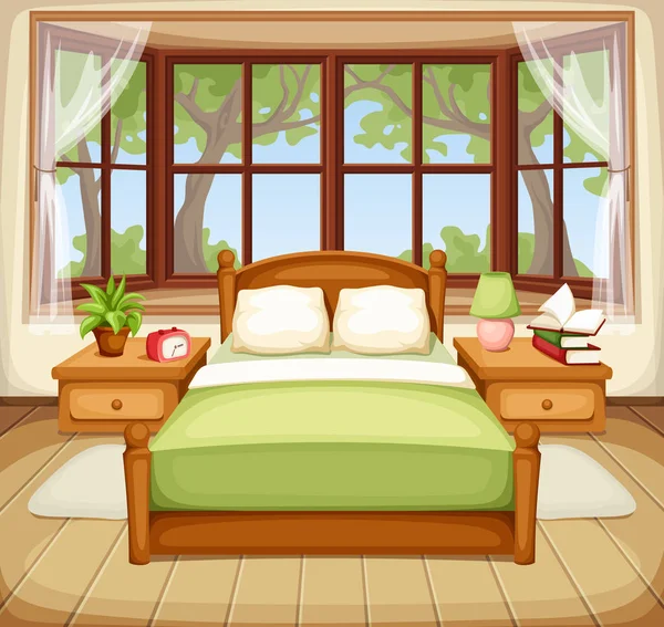 Ilustración Vectorial Dormitorio Interior Con Una Cama Una Ventana Grande — Vector de stock