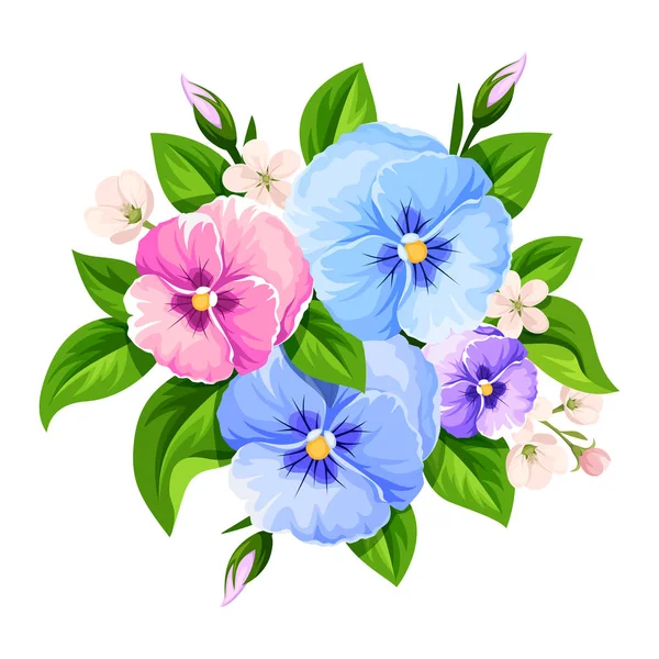 Vector Bouquet Blue Pink Purple Pansy Flowers Isolated White Background — Stock Vector