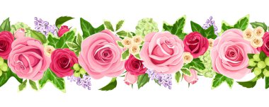 Vektör yatay sorunsuz garland kırmızı ve pembe güller, Lila çiçek ve yeşil sarmaşık yaprakları.
