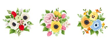 Beyaz bir arka plan üzerinde izole kırmızı, pembe, turuncu, sarı, beyaz ve mavi çiçekler vektör kümesi.