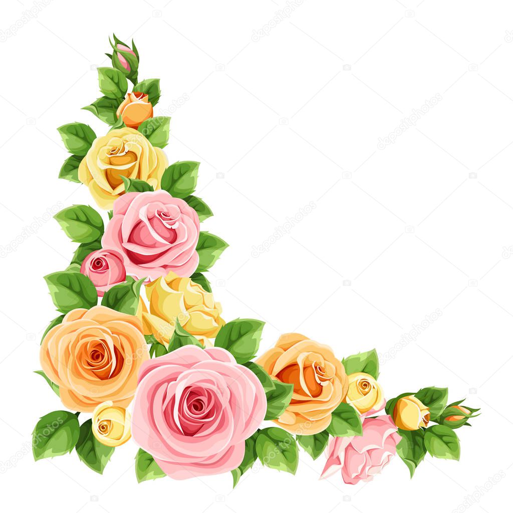 Vector corner background with pink, orange and yellow roses and green leaves.