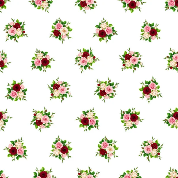 Vector Seamless Pattern Pink Burgundy White Roses White Background — Stock Vector