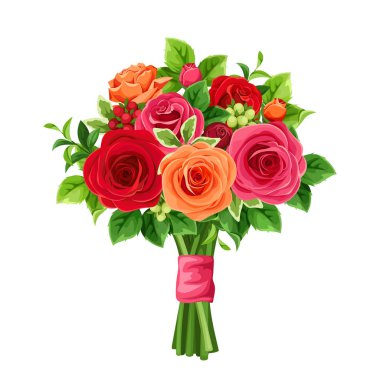Vector bouquet of red and orange roses and green leaves. clipart