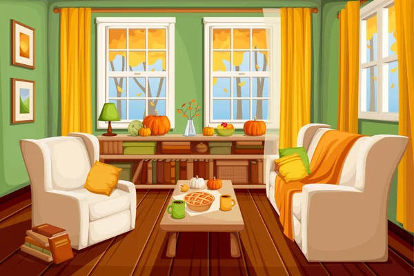 Vektor Útulný Podzimní Interiér Obývacího Pokoje — Stockový vektor