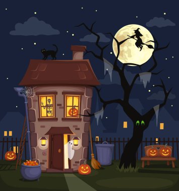 Halloween gece şehir peyzaj perili ev, jack-o-fener, ağaç ve gökyüzünde dolunay. Vektör çizim.