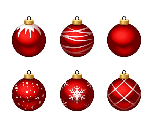 Vector Set Rode Kerstballen Met Patronen Geïsoleerd Een Witte Achtergrond — Stockvector