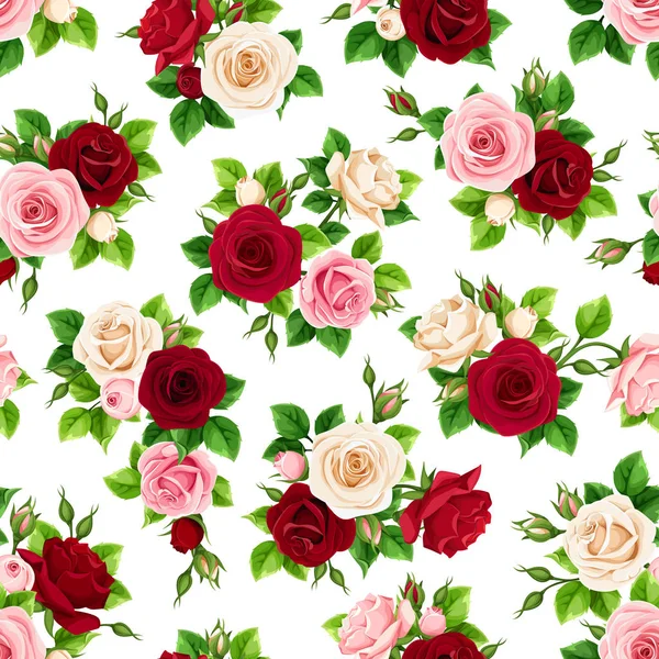 白地に赤 ピンク ワインレッドと白のバラでシームレスなパターン ベクトル — ストックベクタ