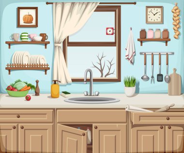 Mutfak iç bir lavabo, pencere ve mutfak eşyaları ile vektör çizim.