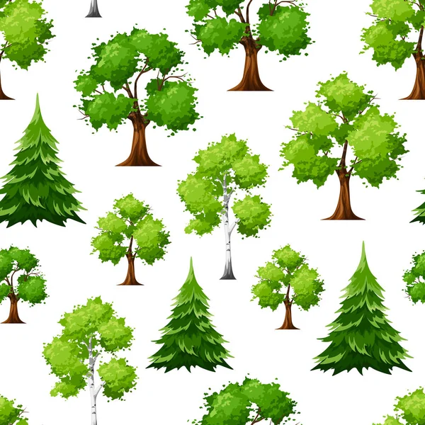 Vector Seamless Pattern Deciduous Coniferous Green Trees White Background — Stock Vector