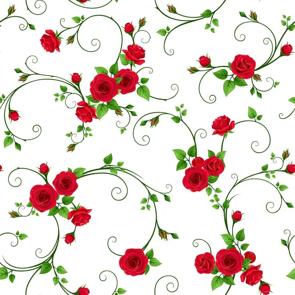 Vector Seamless Pattern Red Roses White Background — Stock Vector