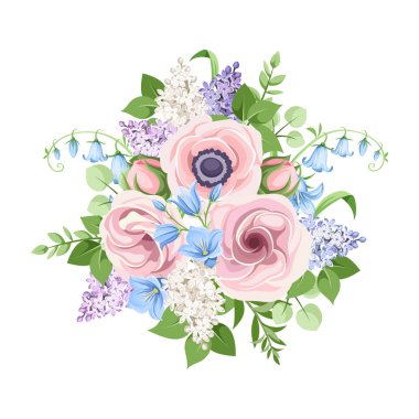 Beyaz bir arka plan üzerinde izole pembe, mavi ve mor çiçekler buket vektör.
