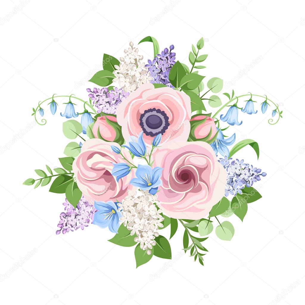 Vector bouquet of pink, blue and purple flowers isolated on a white background.