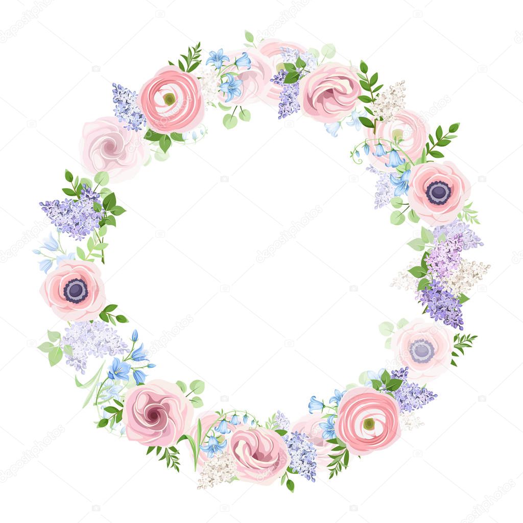 Vector floral wreath with pink, blue and purple flowers.