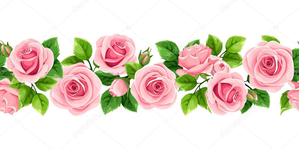 Vector horizontal seamless garland with pink roses.