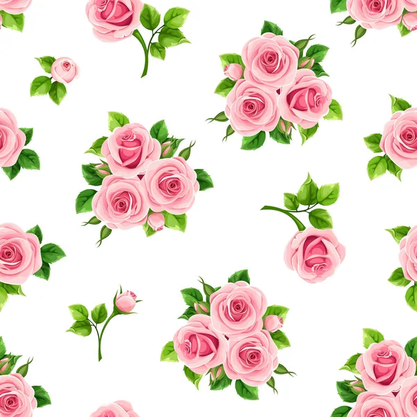 Vector Seamless Pattern Pink Roses White Background — Stock Vector