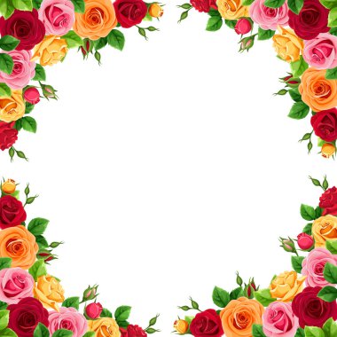 Kırmızı, pembe, turuncu ve sarı gülli vektör çerçevesi.